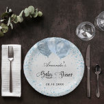 Baby shower silver blue boy glitter balloons paper plates<br><div class="desc">A faux silver metallic looking background.  Decorated with blue faux glitter dust and balloons. Personalize and add a name and date. The name is written with a hand lettered style script</div>