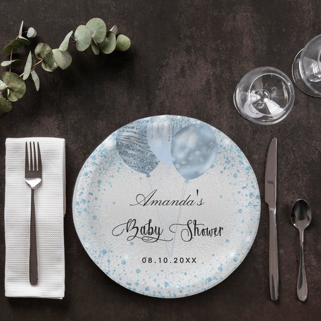 Baby shower silver blue boy glitter balloons paper plates (Creator Uploaded)
