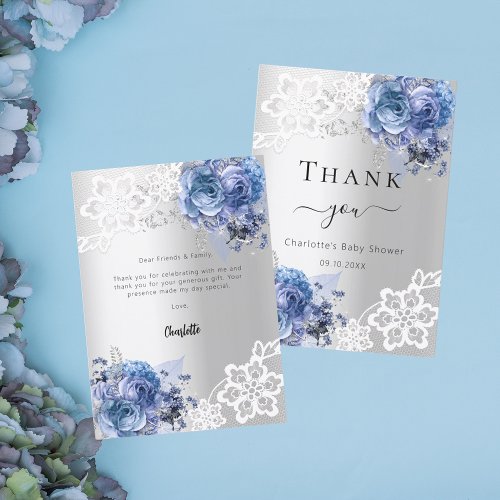 Baby Shower silver blue floral lace thank you card