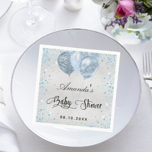 Baby shower silver blue glitter balloons napkins