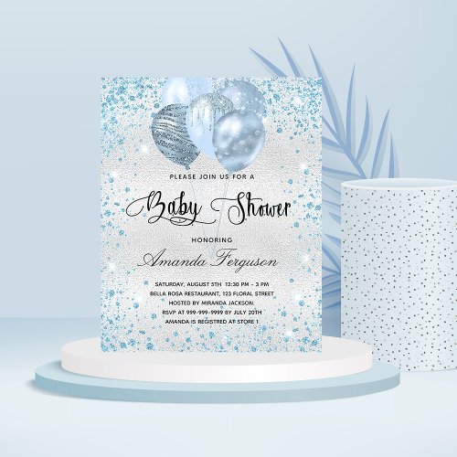 Baby shower silver blue glitter budget invitation flyer