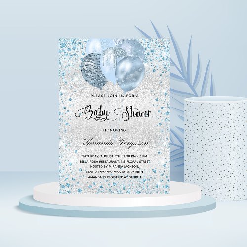Baby shower silver blue glitter dust balloons invitation