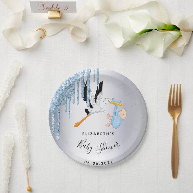 Baby shower silver blue stork boy paper plates (Wedding)