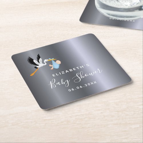 Baby shower silver blue stork boy square paper coaster