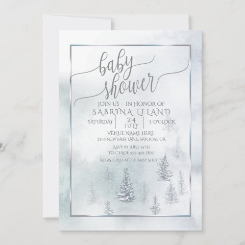 Baby Shower   Silver Blue Winter Wonderland Announcement