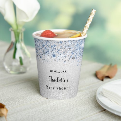 Baby Shower silver boy glitter blue monogram Paper Cups