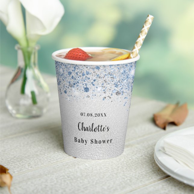 Baby Shower silver boy glitter blue monogram Paper Cups (Insitu)