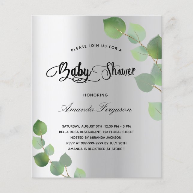 Baby shower silver eucalyptus budget invitation flyer (Front)