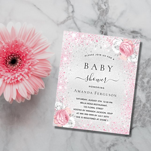 Baby shower silver floral girl budget invitation flyer (Creator Uploaded)