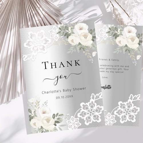 Baby Shower silver floral lace thank you card