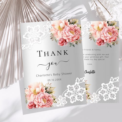Baby Shower silver floral lace thank you card