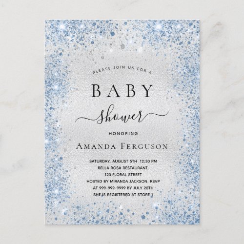 Baby shower silver glitter dust blue boy name invitation postcard