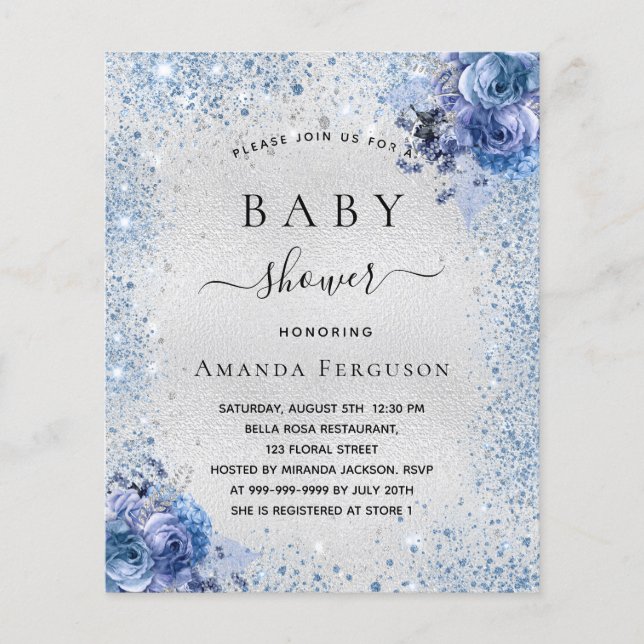 Baby shower silver glitter floral blue invitation (Front)