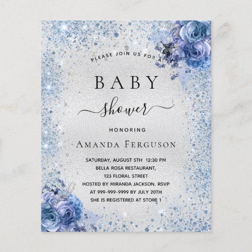 Baby shower silver glitter floral blue invitation