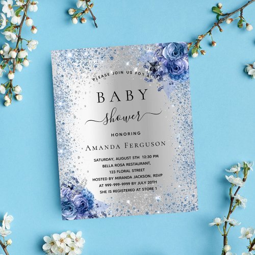 Baby shower silver glitter floral blue invitation
