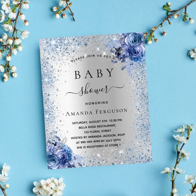Baby shower silver glitter floral blue invitation (Creator Uploaded)