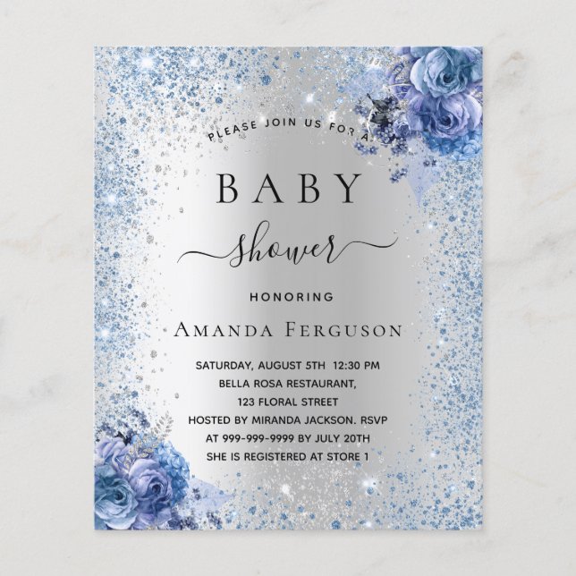 Baby shower silver glitter floral blue invitation flyer (Front)