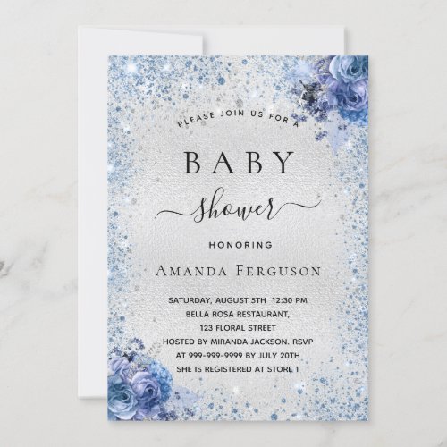 Baby shower silver glitter florals blue boy invitation
