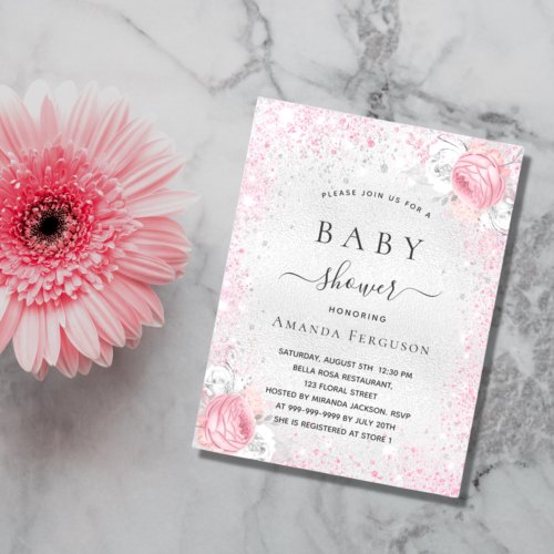 Baby shower silver glitter pink girl floral invitation