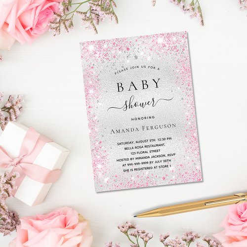 Baby shower silver glitter pink girl invitation