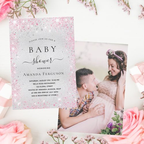 Baby shower silver glitter pink girl photo invitation