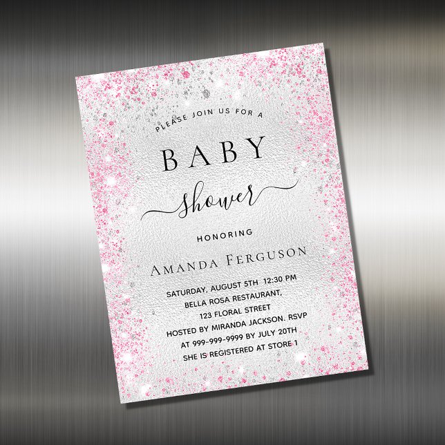 Baby shower silver glitter pink invitation magnet (Creator Uploaded)