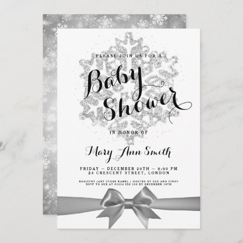 Baby Shower Silver Glitter Snowflake Ribbon Invitation