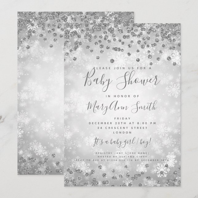 Baby Shower Silver Glitter Winter Wonderland Invitation (Front/Back)