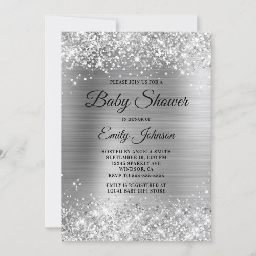 Baby Shower Silver Glittery Foil Fancy Script Invitation