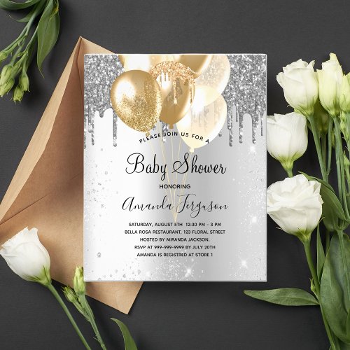 Baby Shower silver gold balloons budget invitation Flyer