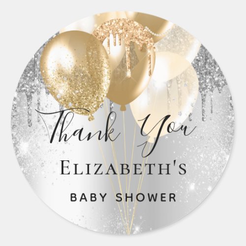 Baby shower silver gold glitter balloons thank you classic round sticker