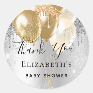 Baby shower silver gold glitter balloons thank you classic round sticker