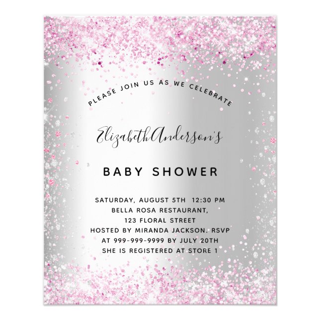 Baby shower silver pink girl budget invitation flyer (Front)