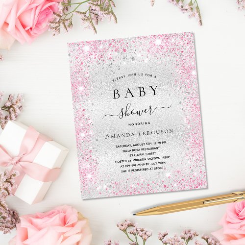 Baby shower silver pink girl budget invitation flyer