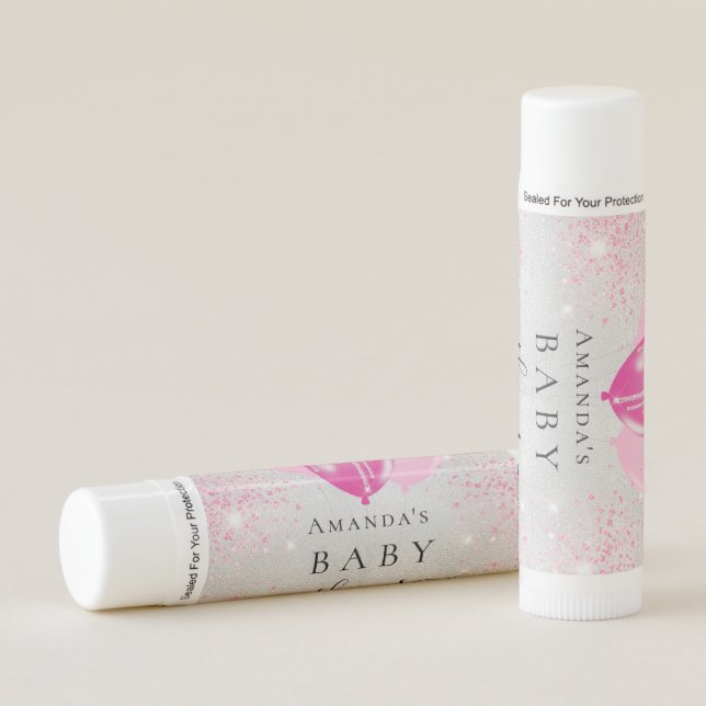 Baby Shower silver pink glitter balloons girl Lip Balm (Front)