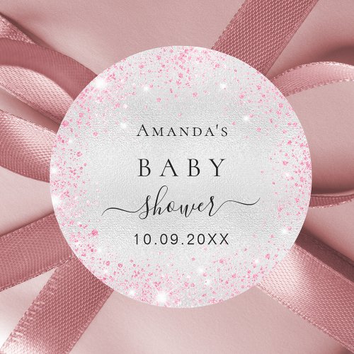 Baby Shower silver pink glitter Classic Round Sticker