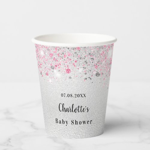 Baby Shower silver pink glitter girl monogram Paper Cups