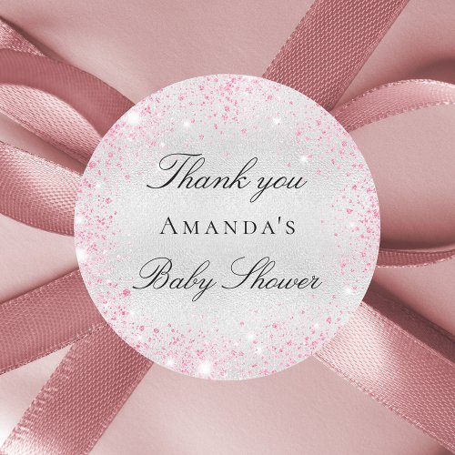 Baby Shower silver pink glitter thank you Classic Round Sticker