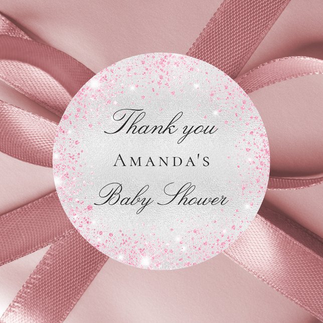 Baby Shower silver pink glitter thank you Classic Round Sticker (Creator Uploaded)