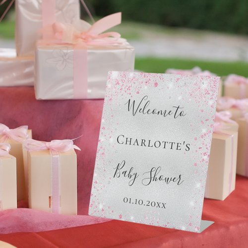 Baby Shower silver pink glitter welcome Pedestal Sign