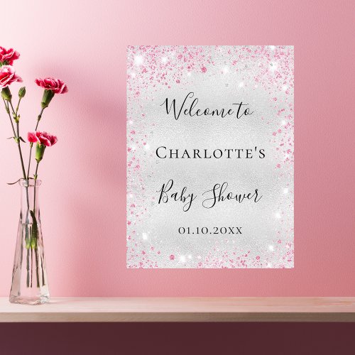 Baby Shower silver pink glitter welcome Poster