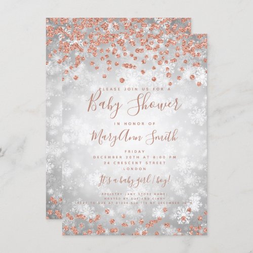 Baby Shower Silver Rose Gold Glitter Winter Wonder Invitation