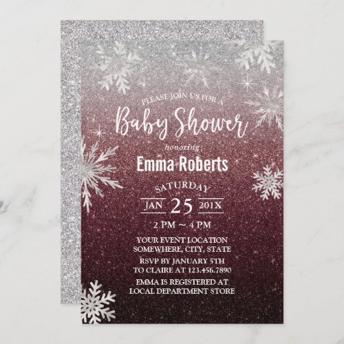 Baby Shower Silver Snowflake Burgundy Red Glitter Invitation