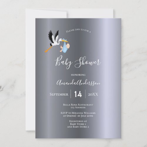 Baby Shower silver stork boy blue cute Invitation