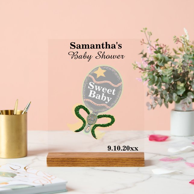 Baby Shower Silver Yellow Green Rattle  Acrylic Sign (Wedding)