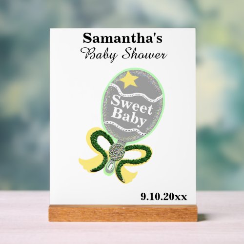 Baby Shower Silver Yellow Green Rattle  Acrylic Sign