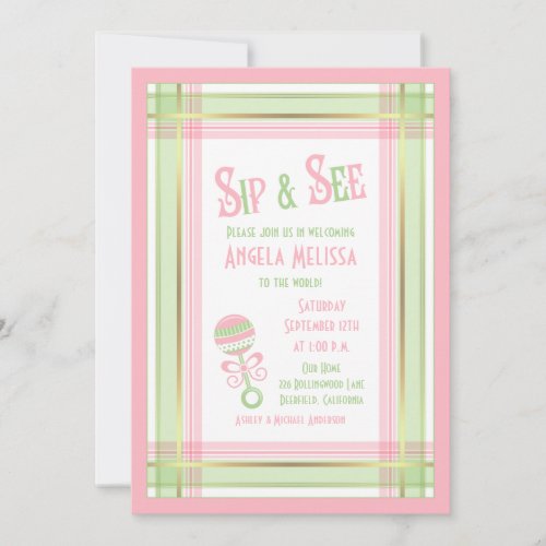 Baby Shower Sip  See  Pink Green Plaid Rattle Invitation
