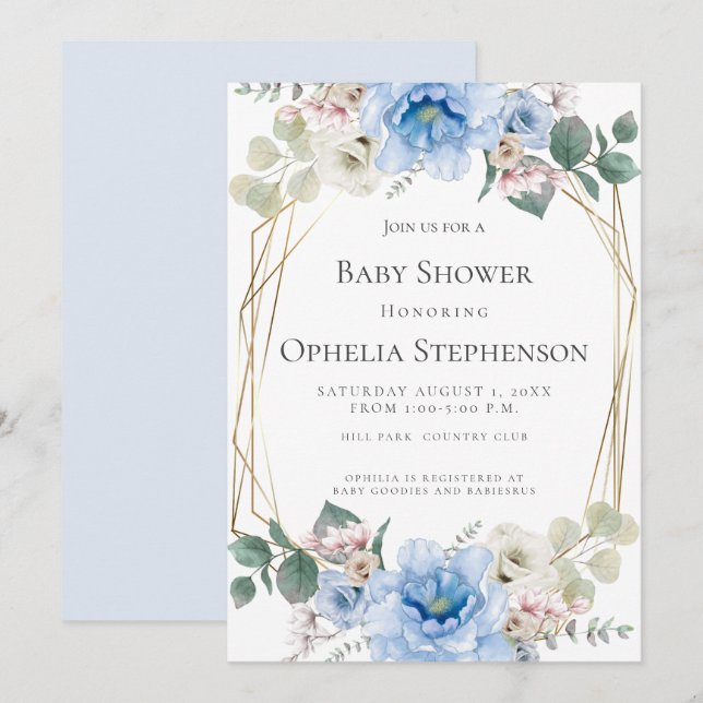 BABY SHOWER | Sky Blue Watercolor Flowers Invitation (Front/Back)