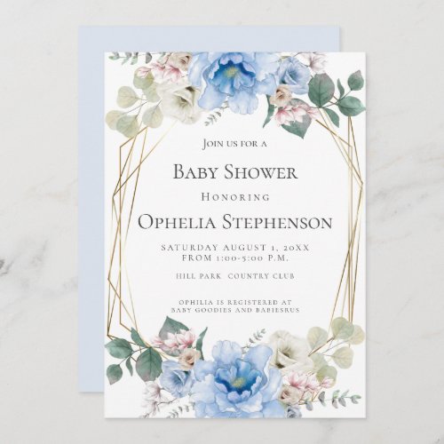 BABY SHOWER  Sky Blue Watercolor Flowers Invitation