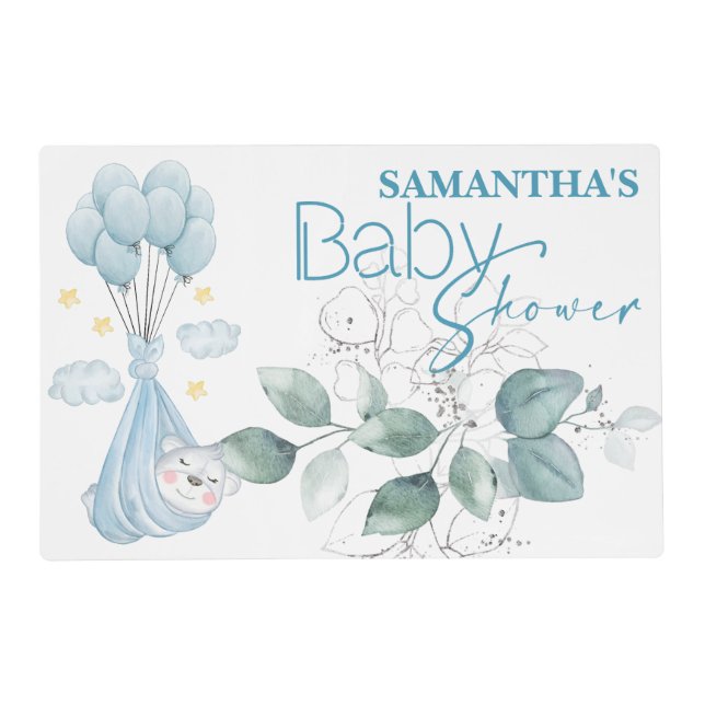 Baby Shower. Sleeping Baby Bear Blue.  Placemat (Front)
